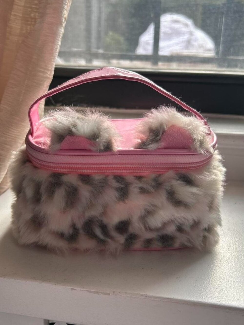 Light Pink Fluffy Small Makeup/ Toiletries Storage Bag with Handle and Cat Ears